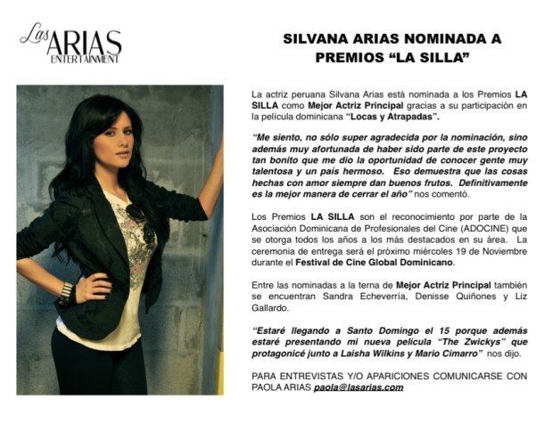Silvana Arias nominada Premios LA SILLA